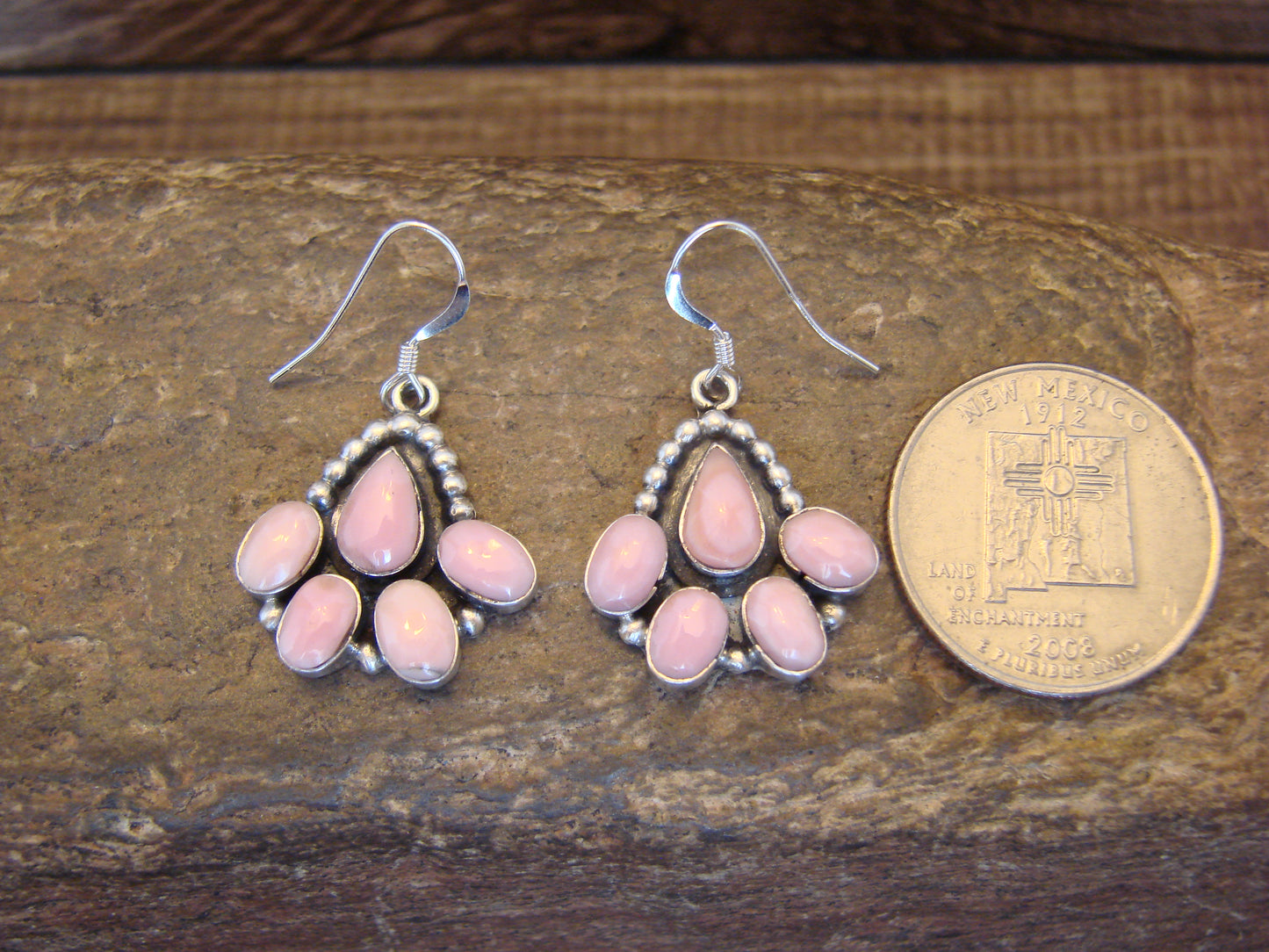 Native American Sterling Silver & Pink Conch Shell Dangle Earrings - Shorty