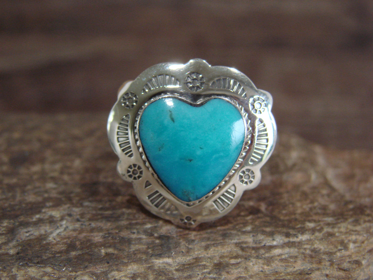 Native American Sterling Silver & Turquoise Heart Ring Size 8 - 9 - Coho