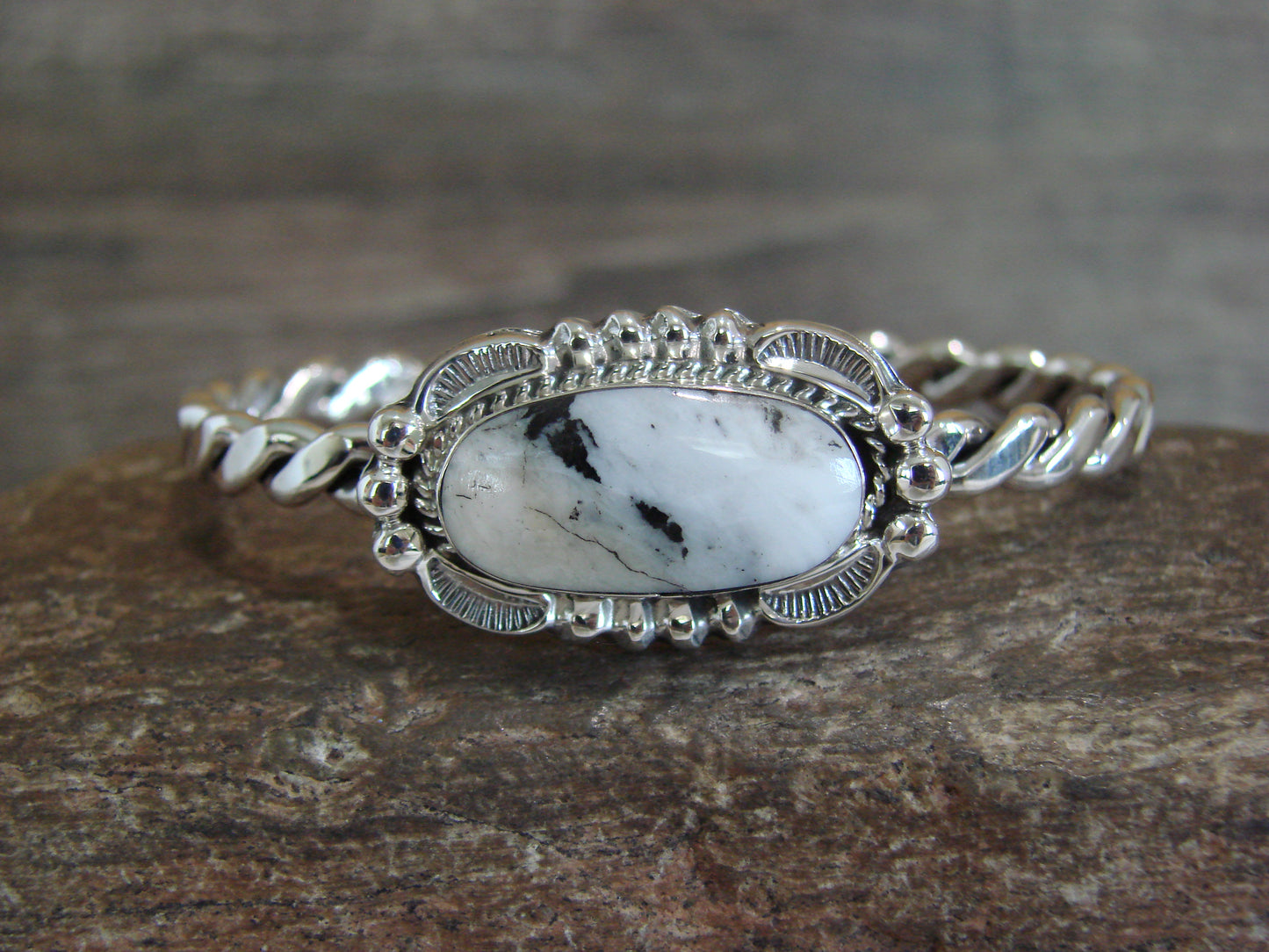 Native American Sterling Silver White Buffalo Turquoise Bracelet by Silversmith