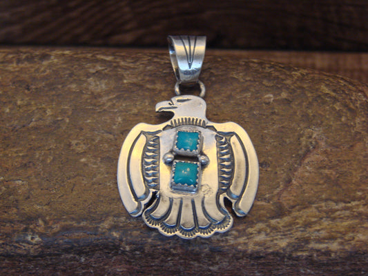 Native American Sterling Silver & Turquoise Thunderbird Pendant by Martinez