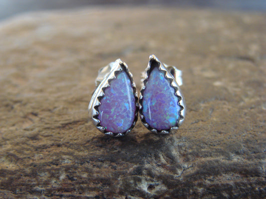 Native American Sterling Silver & Pink Opal Tear Drop Post Earrings - Joe