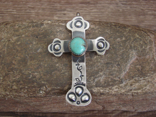 Native American Sterling Silver & Turquoise Cross Pendant Signed Cayatineto