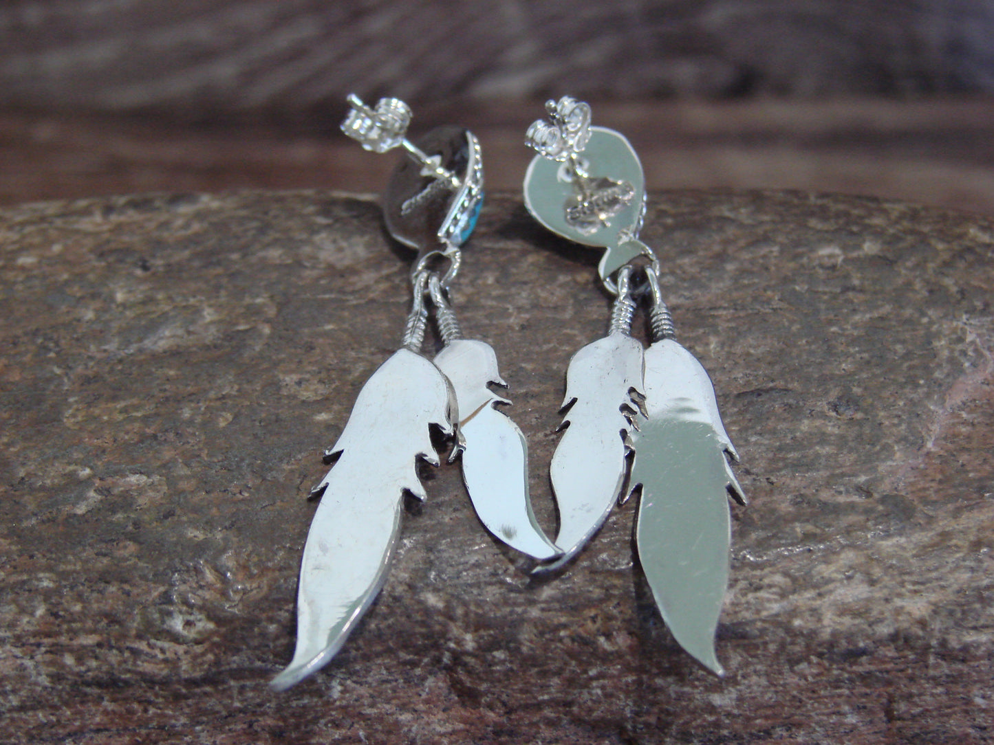 Native American Sterling Silver Turquoise Feather Post Dangle Earrings - Largo
