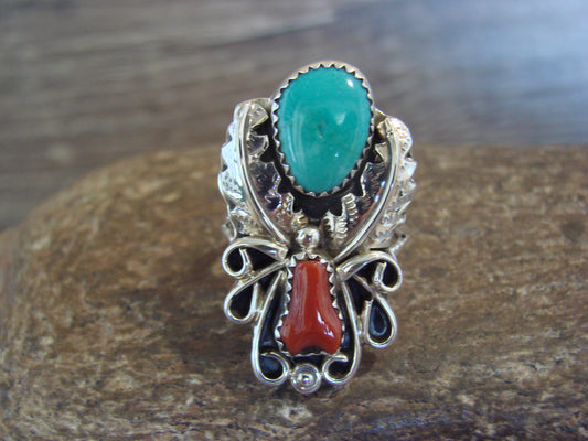 Native American Sterling Silver Turquoise & Coral Ring - Size 8 - Signed HBY