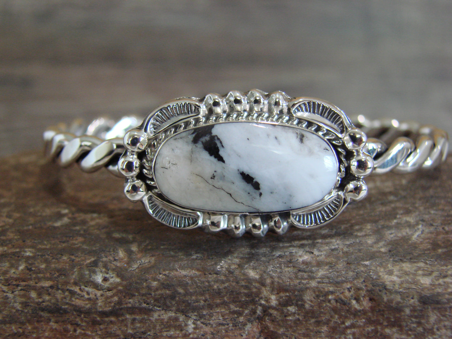 Native American Sterling Silver White Buffalo Turquoise Bracelet by Silversmith