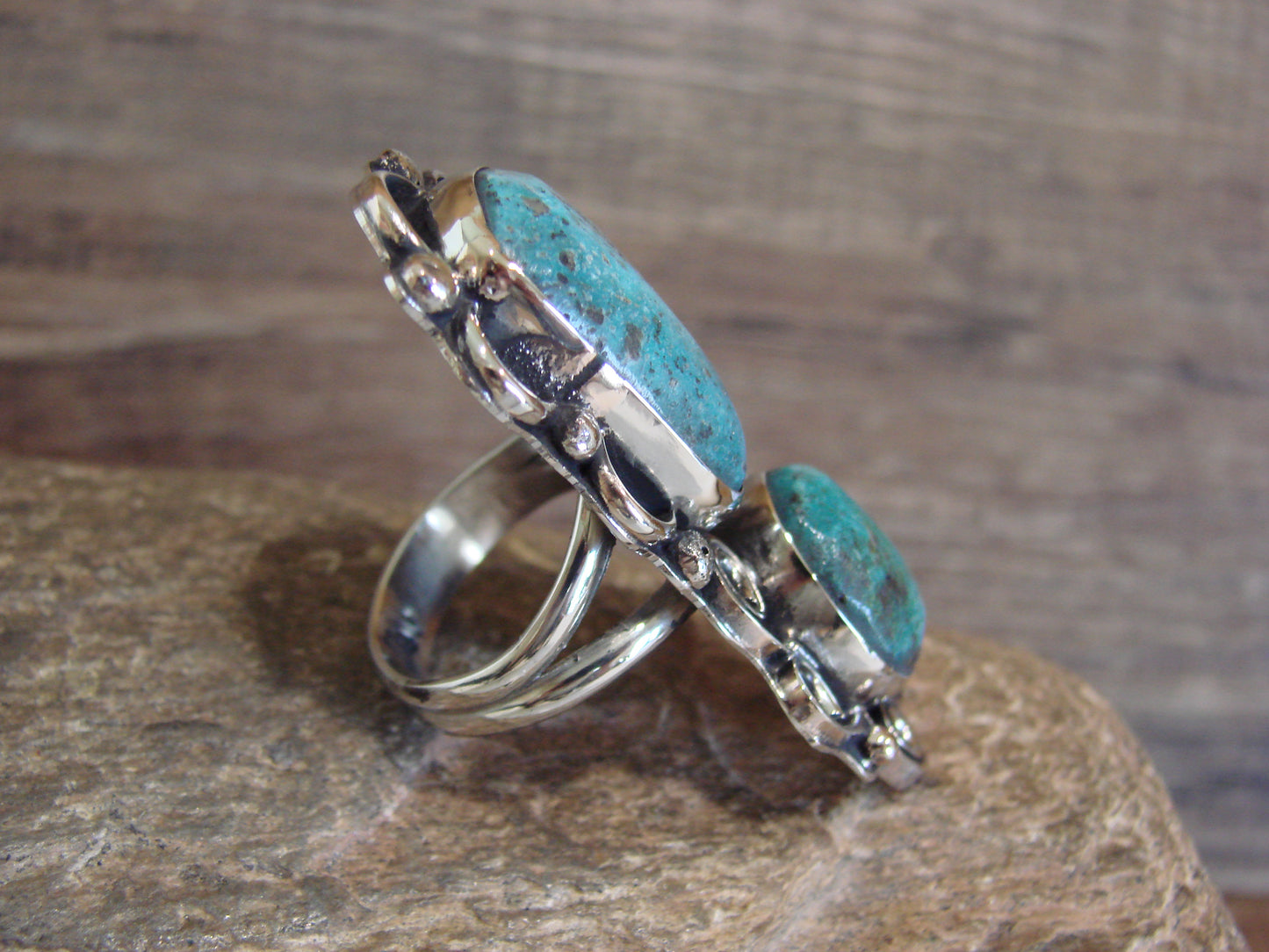 Native American Nickel Silver & Turquoise Ring by Cleveland - Size 8