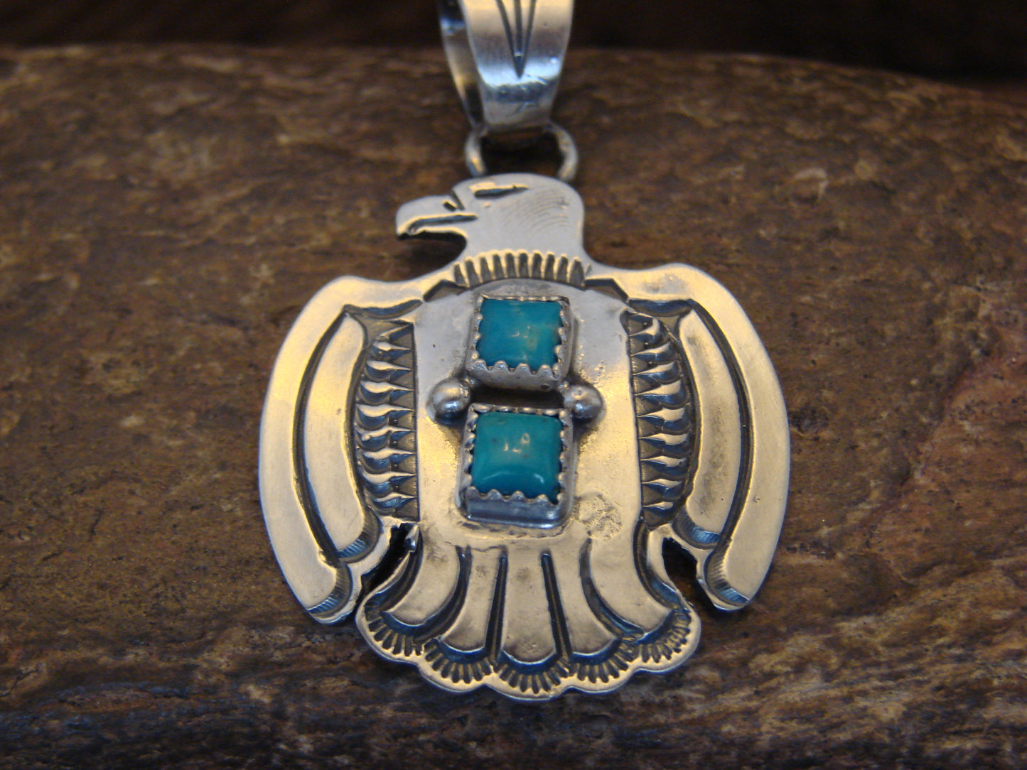 Native American Sterling Silver & Turquoise Thunderbird Pendant by Martinez