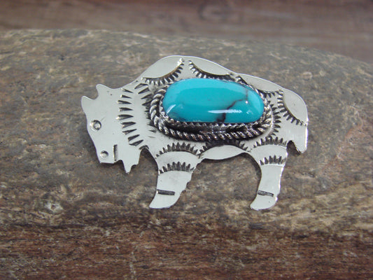 Native American Nickel Silver & Turquoise Buffalo Pendant - Cleveland