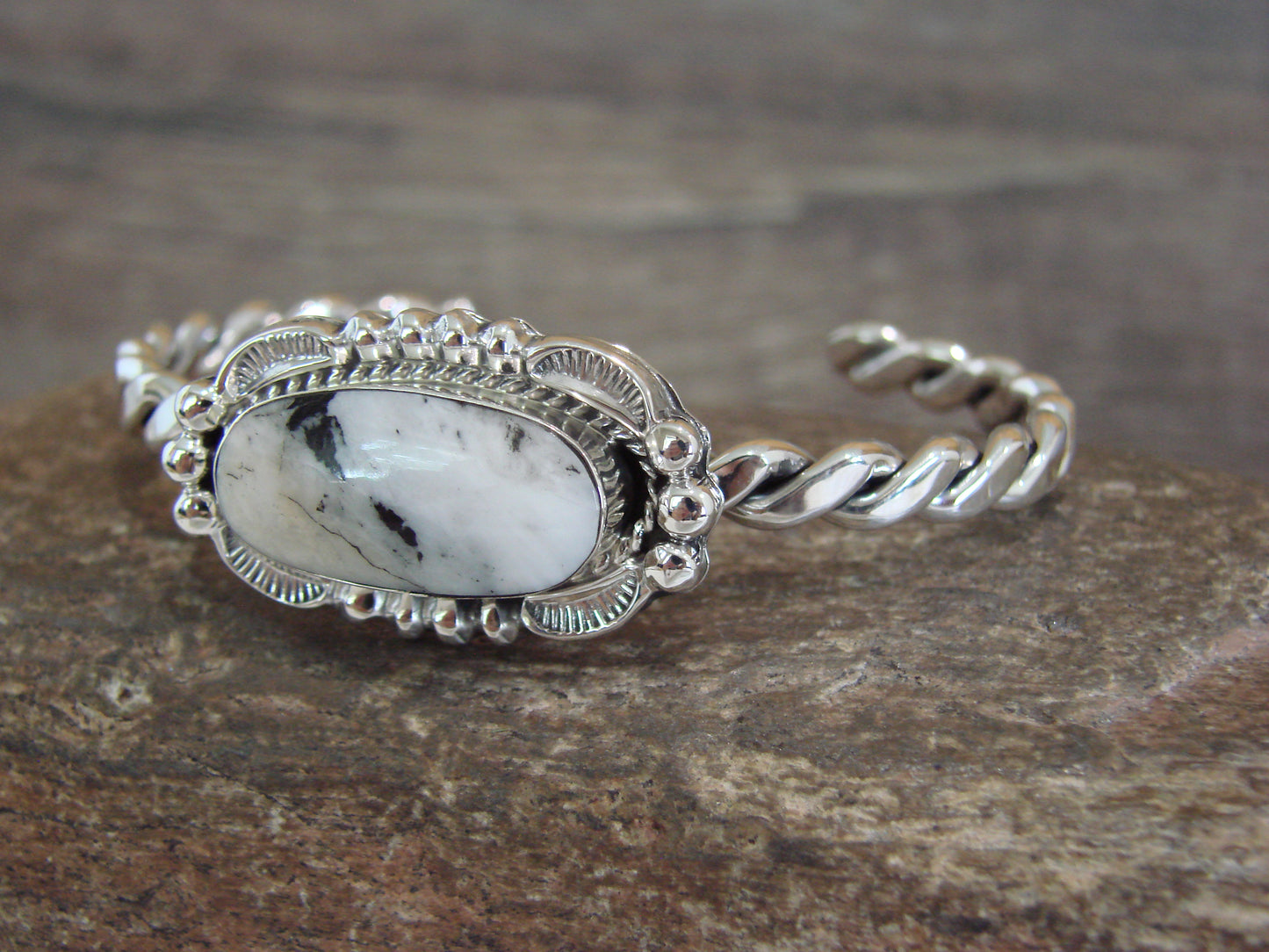 Native American Sterling Silver White Buffalo Turquoise Bracelet by Silversmith
