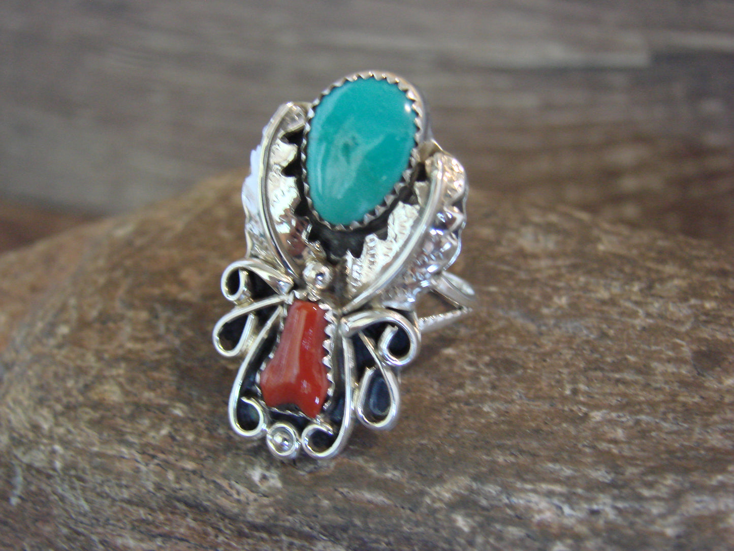 Native American Sterling Silver Turquoise & Coral Ring - Size 8 - Signed HBY