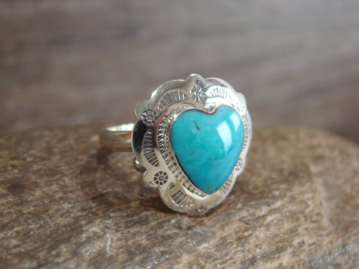 Native American Sterling Silver & Turquoise Heart Ring Size 8 - 9 - Coho