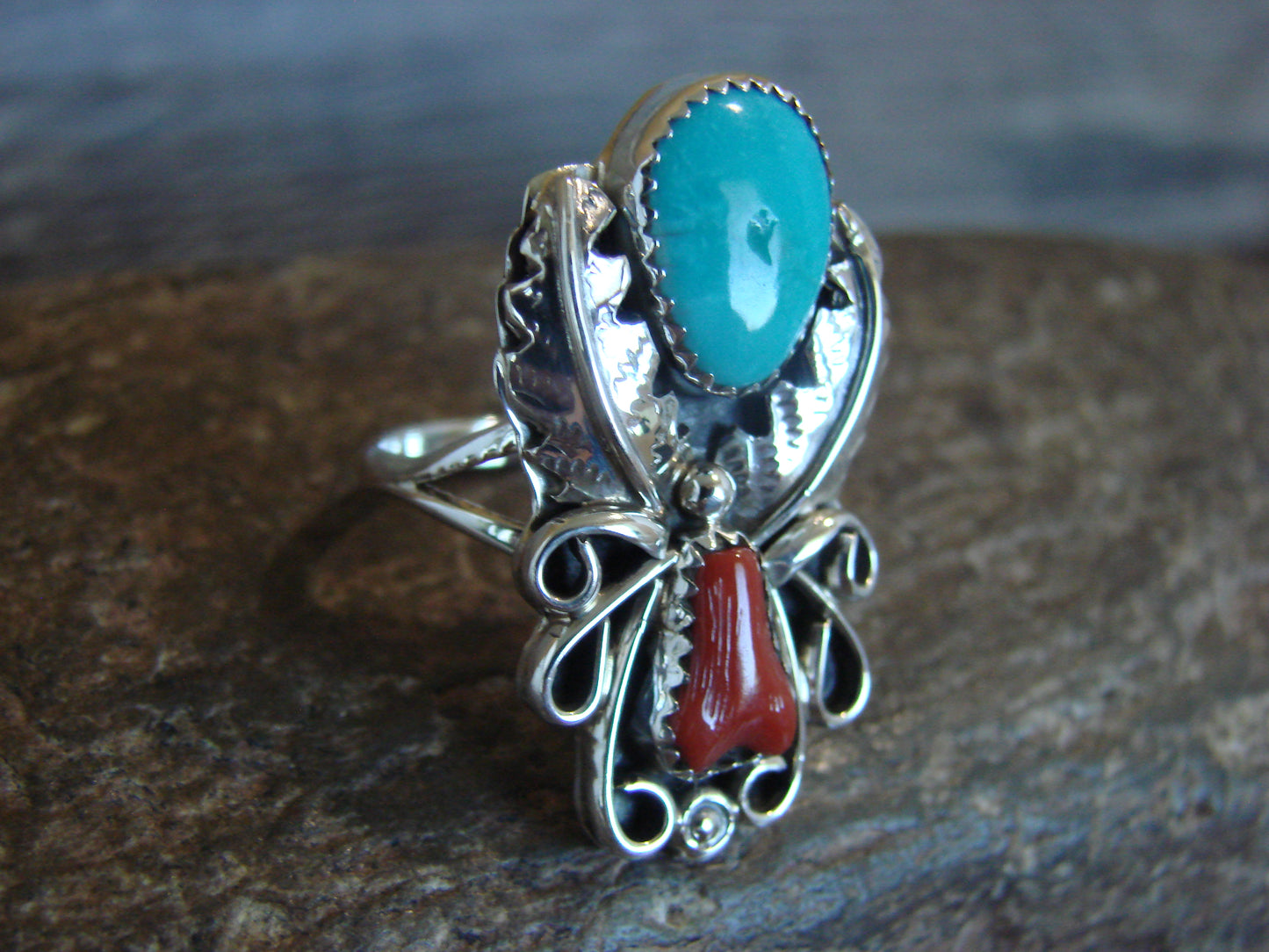 Native American Sterling Silver Turquoise & Coral Ring - Size 8 - Signed HBY