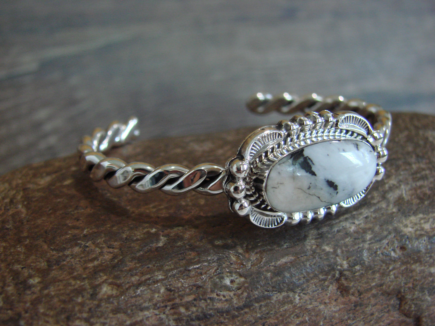 Native American Sterling Silver White Buffalo Turquoise Bracelet by Silversmith