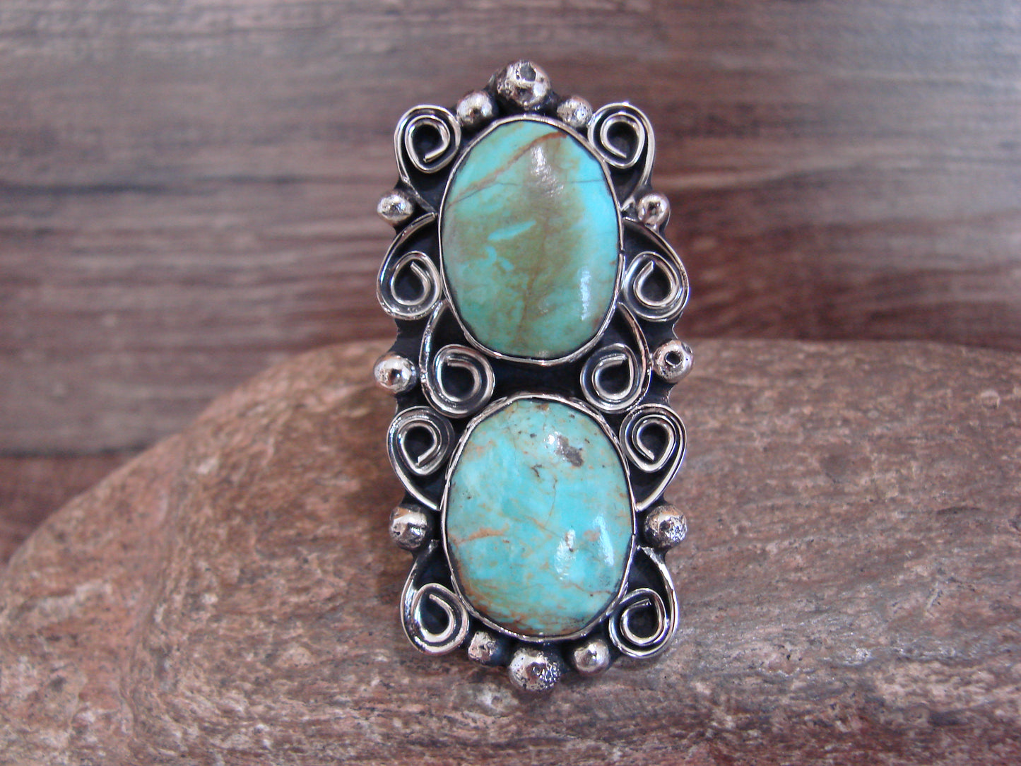 Native American Nickel Silver & Turquoise Adjustable Ring by Cleveland - Size 8 - 10