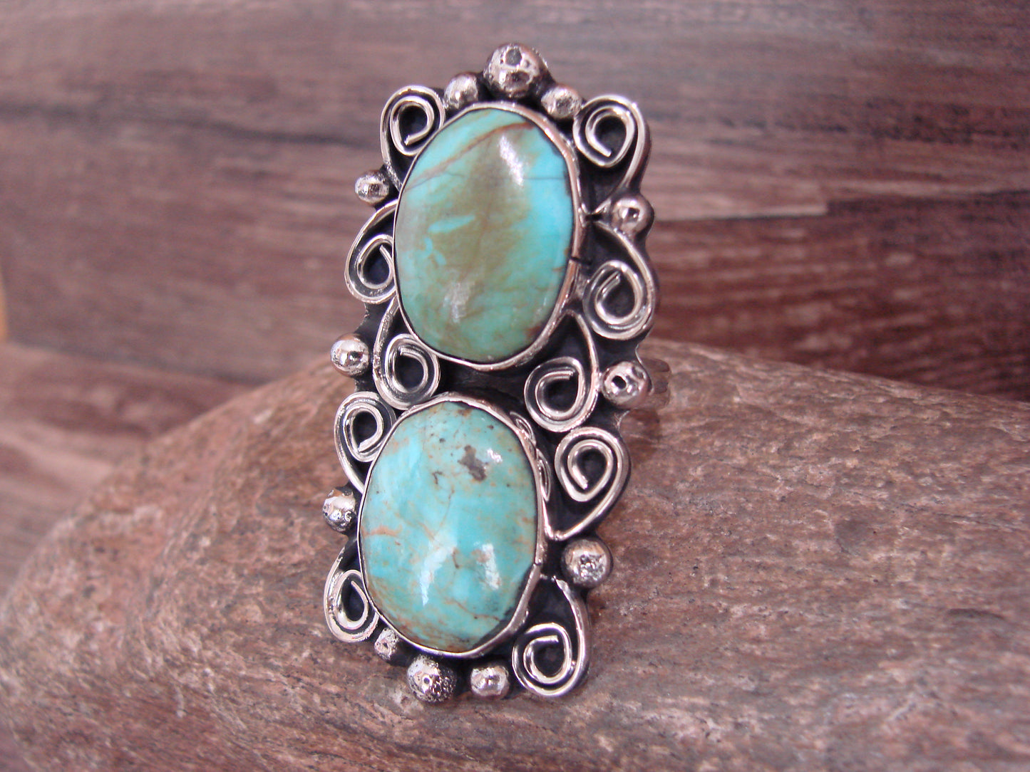 Native American Nickel Silver & Turquoise Adjustable Ring by Cleveland - Size 8 - 10