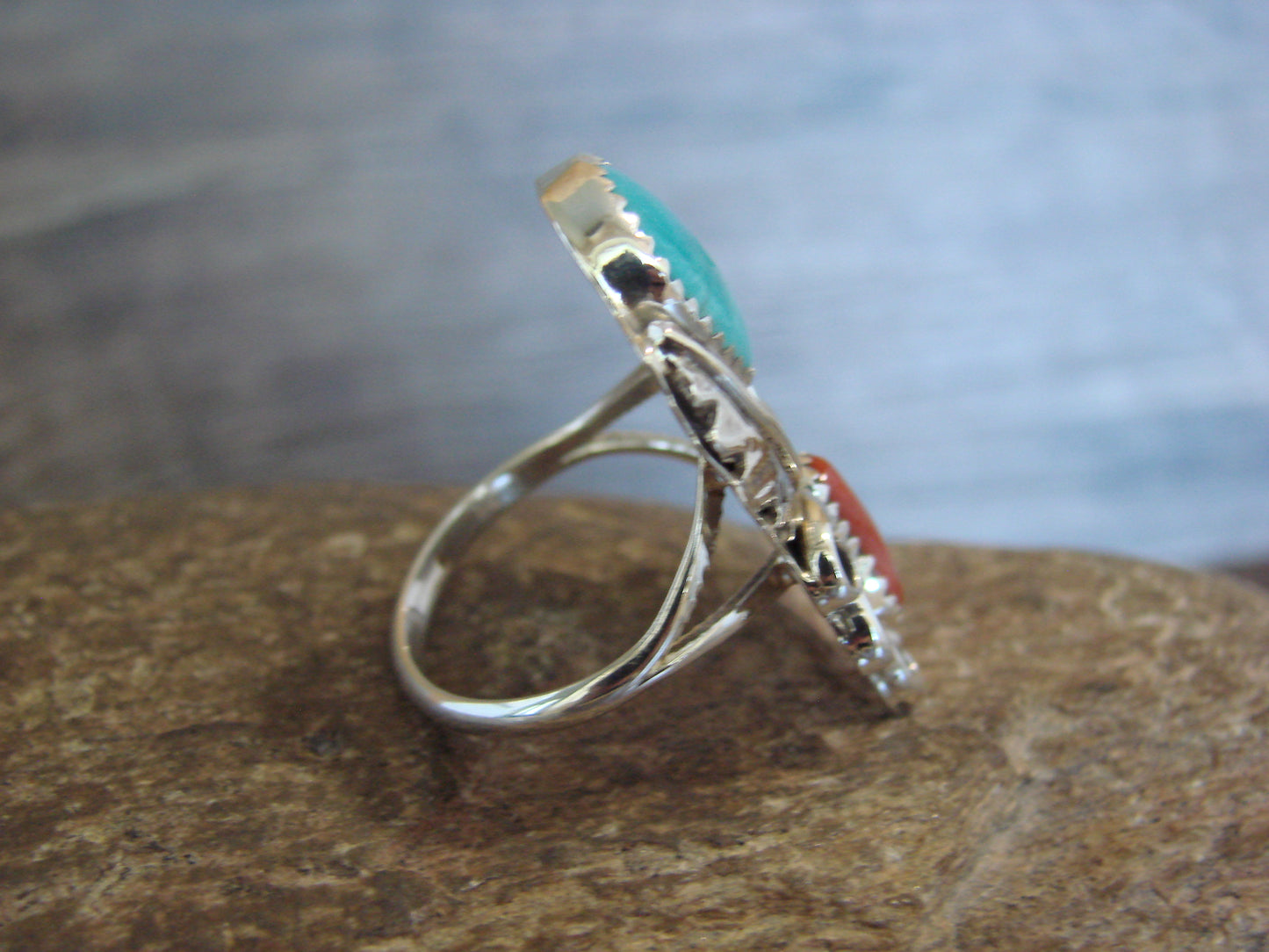Native American Sterling Silver Turquoise & Coral Ring - Size 8 - Signed HBY