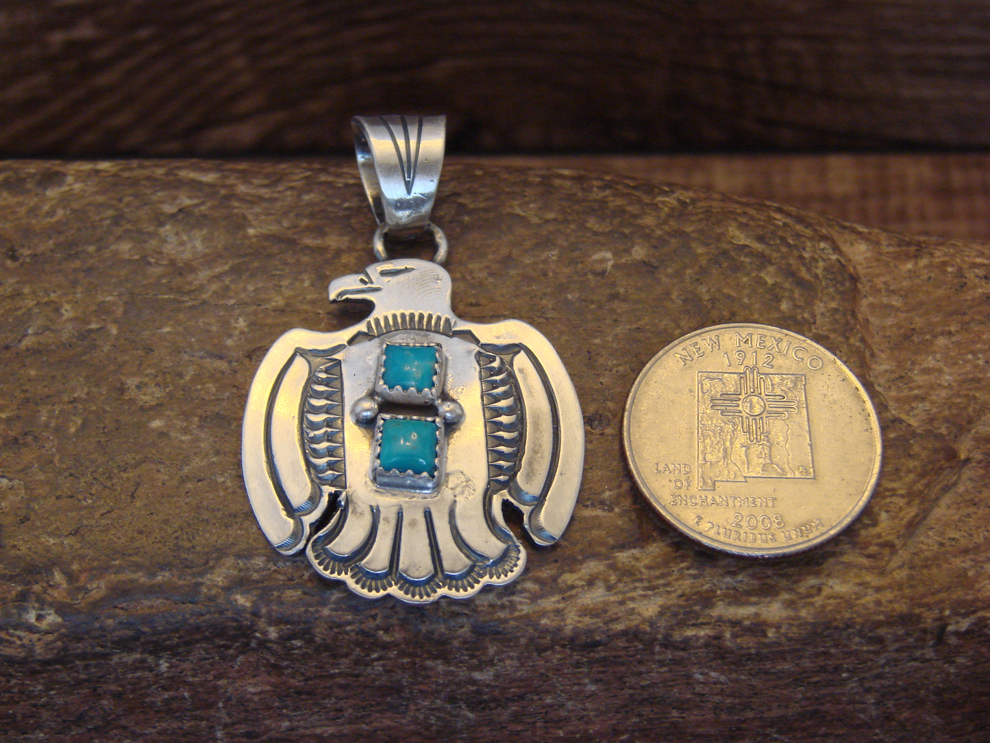 Native American Sterling Silver & Turquoise Thunderbird Pendant by Martinez