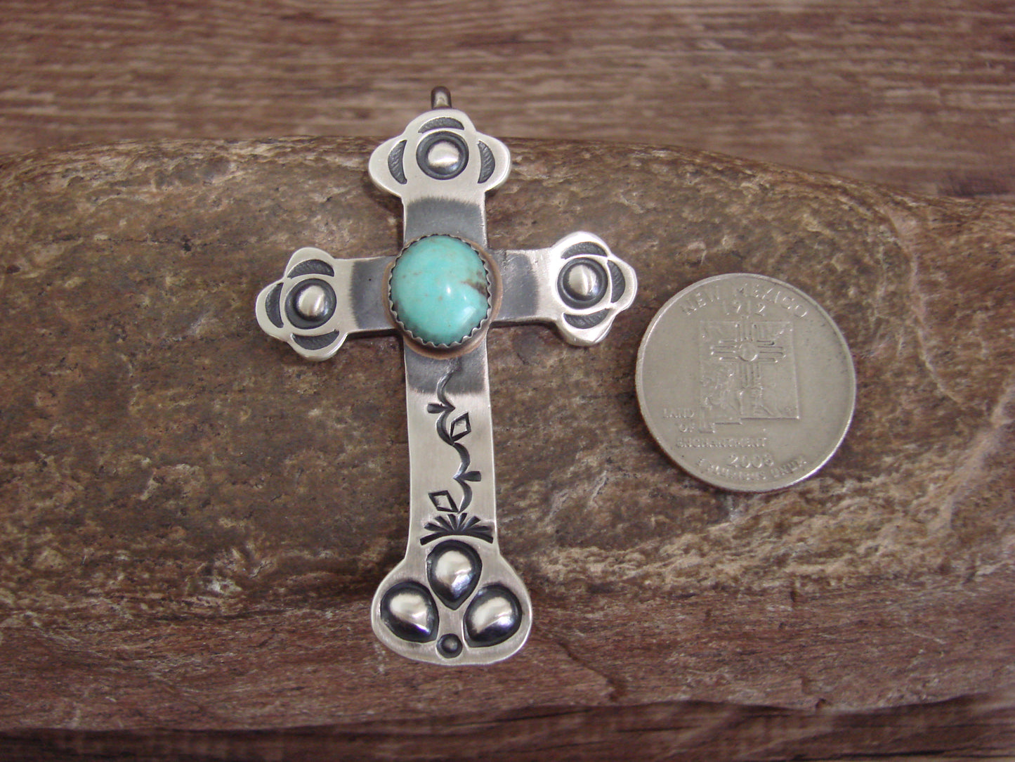 Native American Sterling Silver & Turquoise Cross Pendant Signed Cayatineto