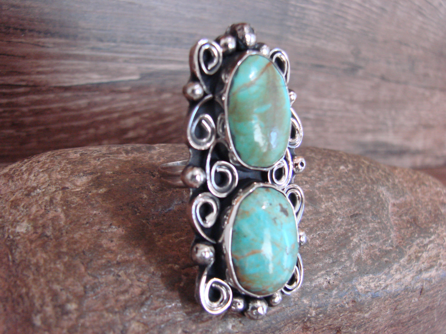 Native American Nickel Silver & Turquoise Adjustable Ring by Cleveland - Size 8 - 10