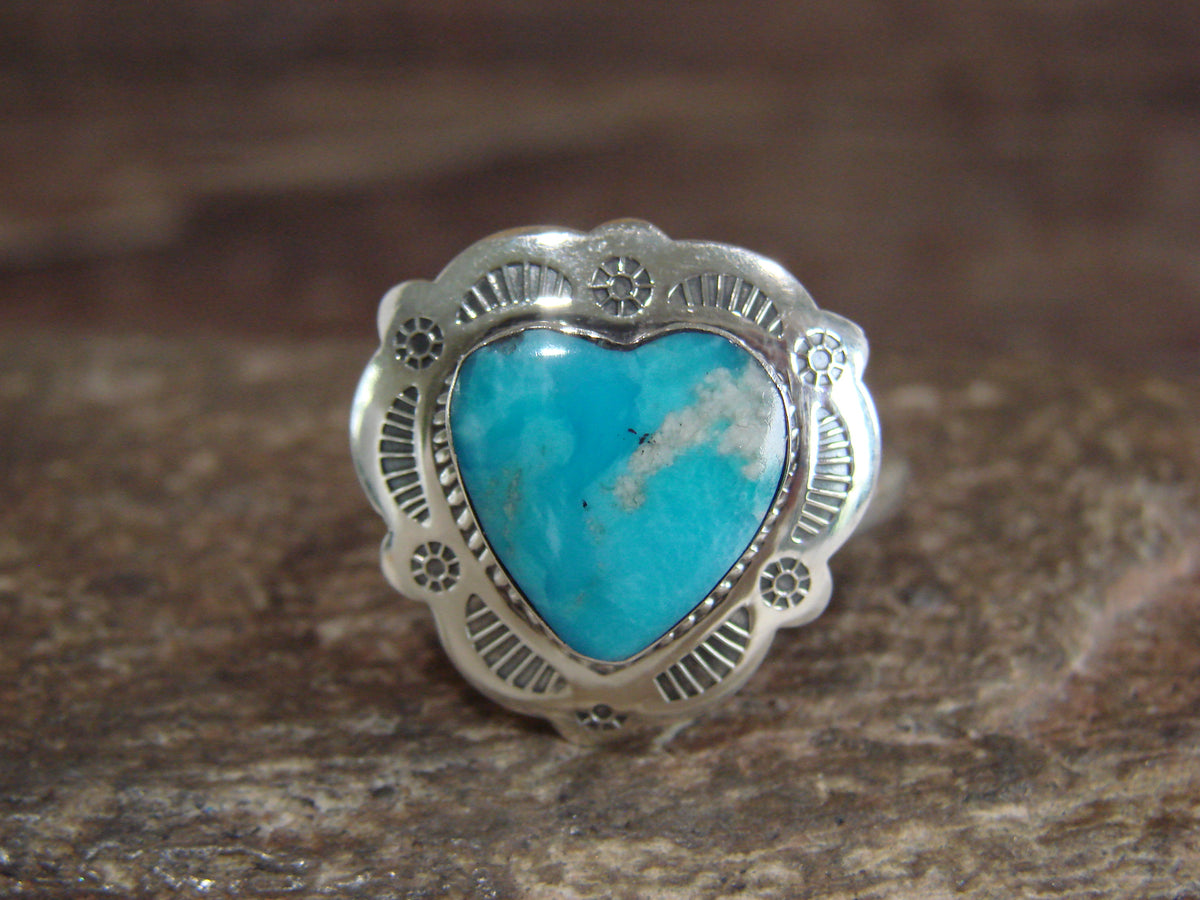 Native American Sterling Silver & Turquoise Heart Ring Size 8 - 9 - Coho