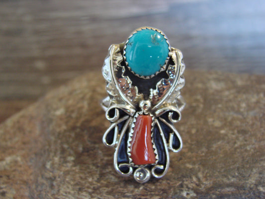 Native American Sterling Silver Turquoise & Coral Ring - Size 9 - Signed HBY