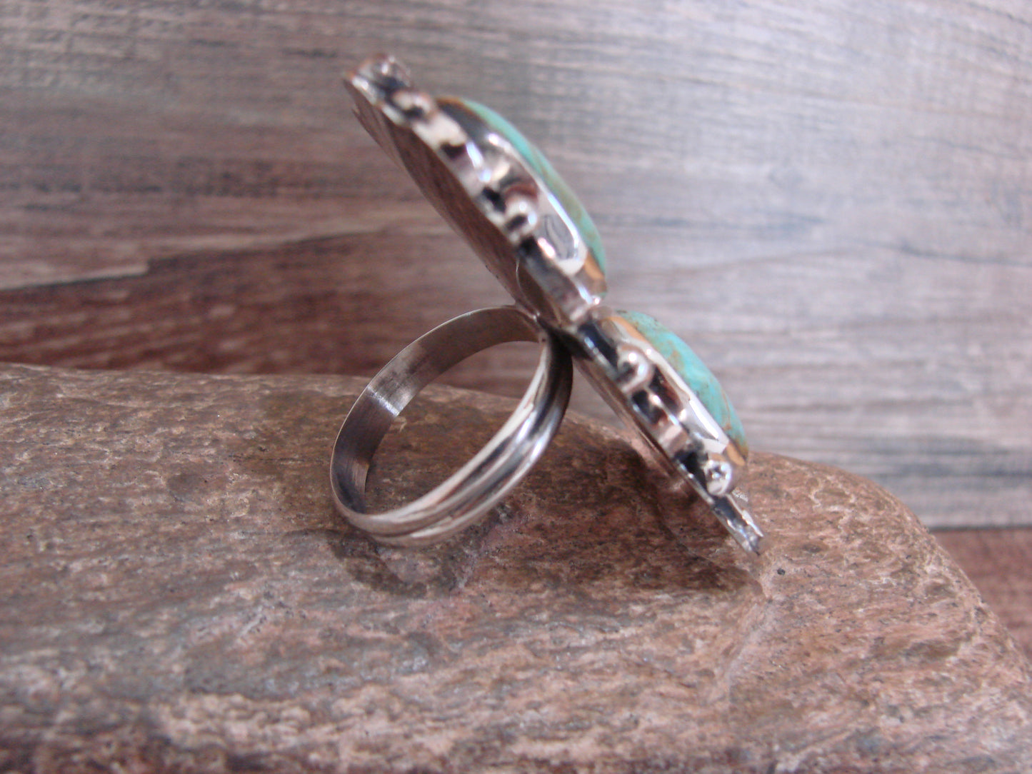 Native American Nickel Silver & Turquoise Adjustable Ring by Cleveland - Size 8 - 10