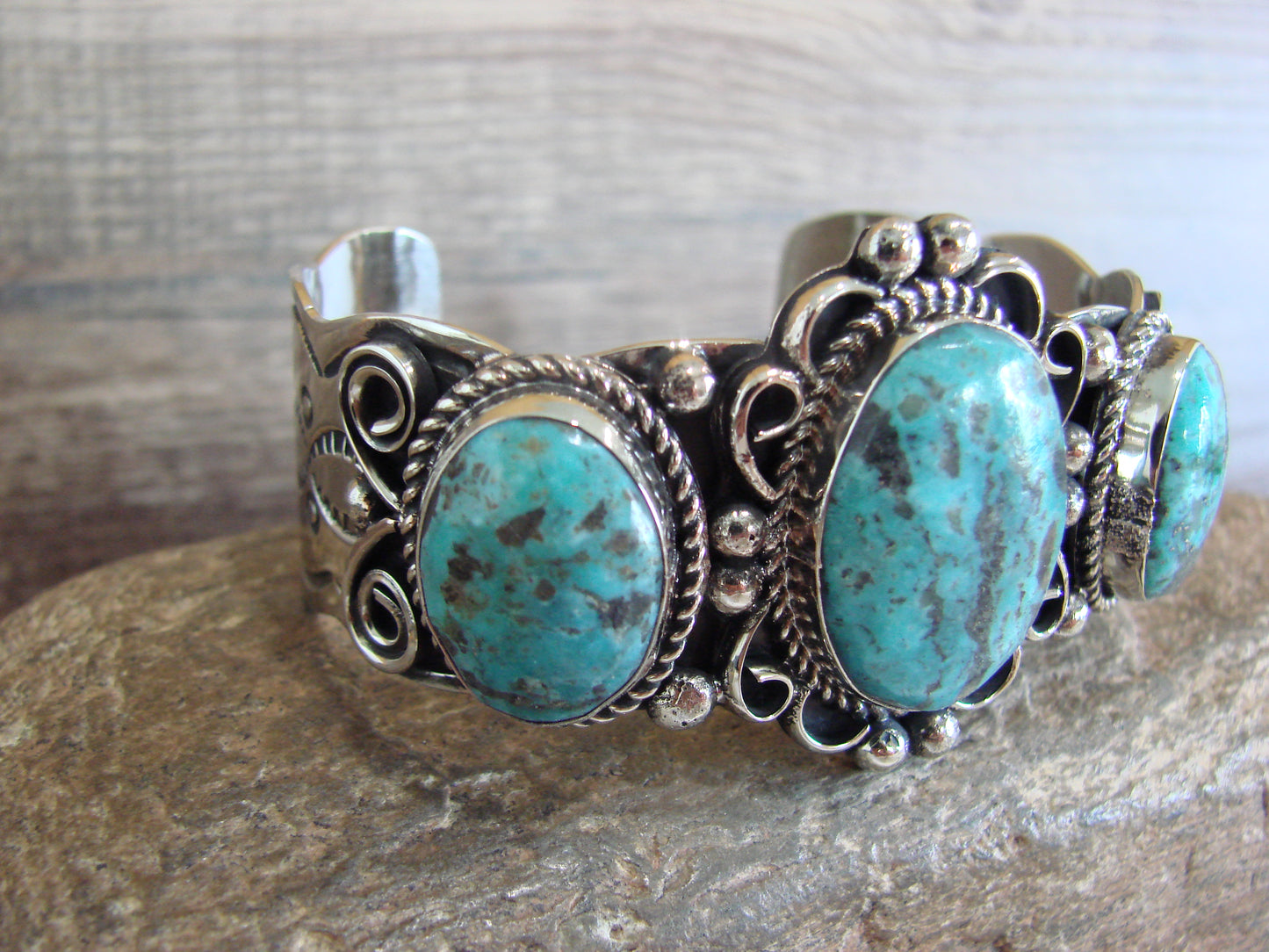 Native American Indian Nickel Silver & Turquoise Bracelet by Cleveland