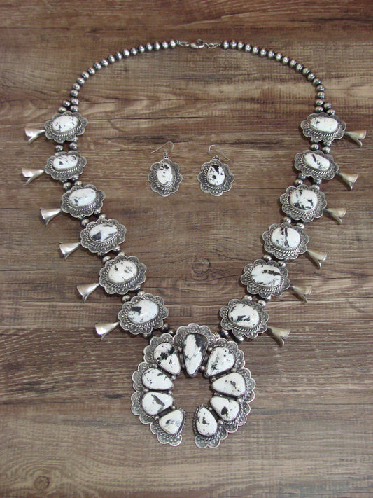 Native American Sterling Silver & White Buffalo Turquoise Squash Blossom Set by Kee-J