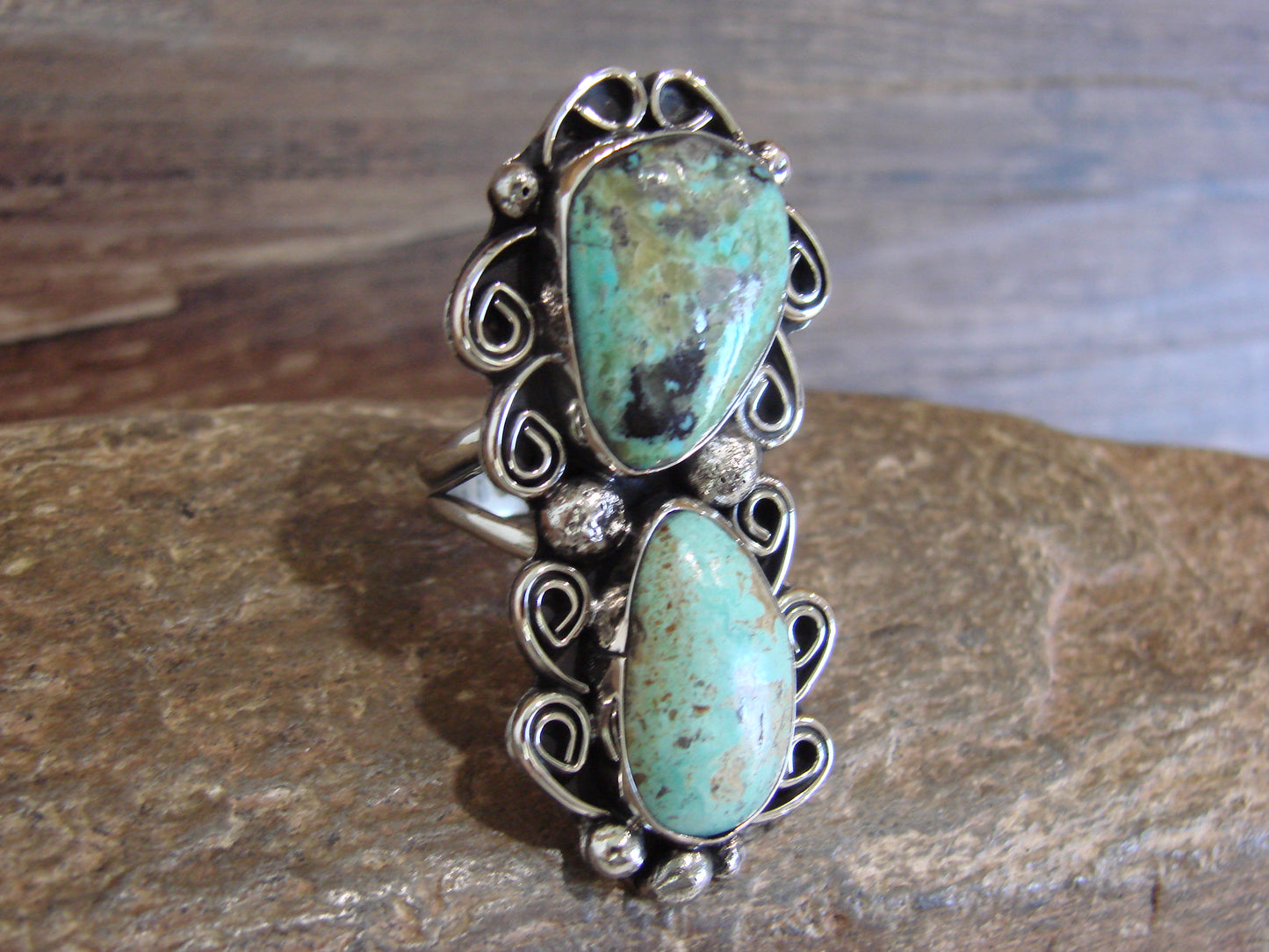 Native American Nickel Silver & Turquoise Ring by Cleveland - Size 10