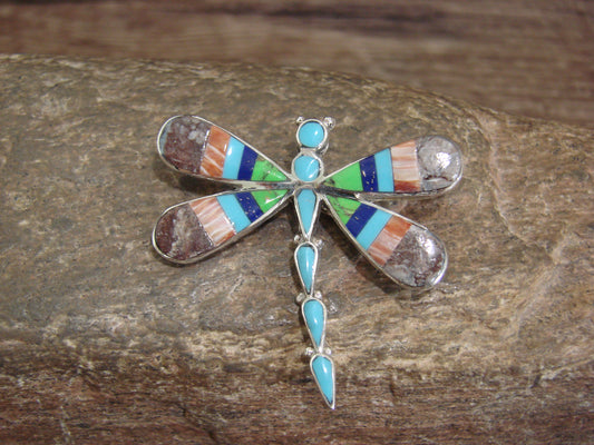 Native American Sterling Silver & Multi Stone Inlay Dragonfly Pendant Pin by Ahiyite