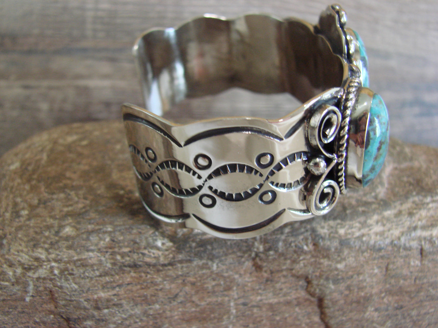 Native American Indian Nickel Silver & Turquoise Bracelet by Cleveland