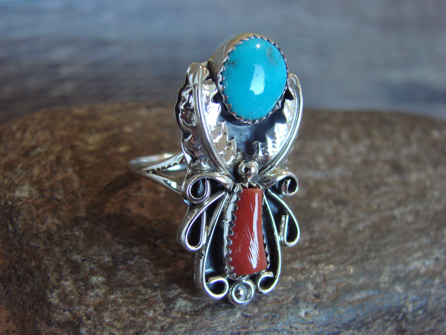 Native American Sterling Silver Turquoise & Coral Ring - Size 9 - Signed HBY