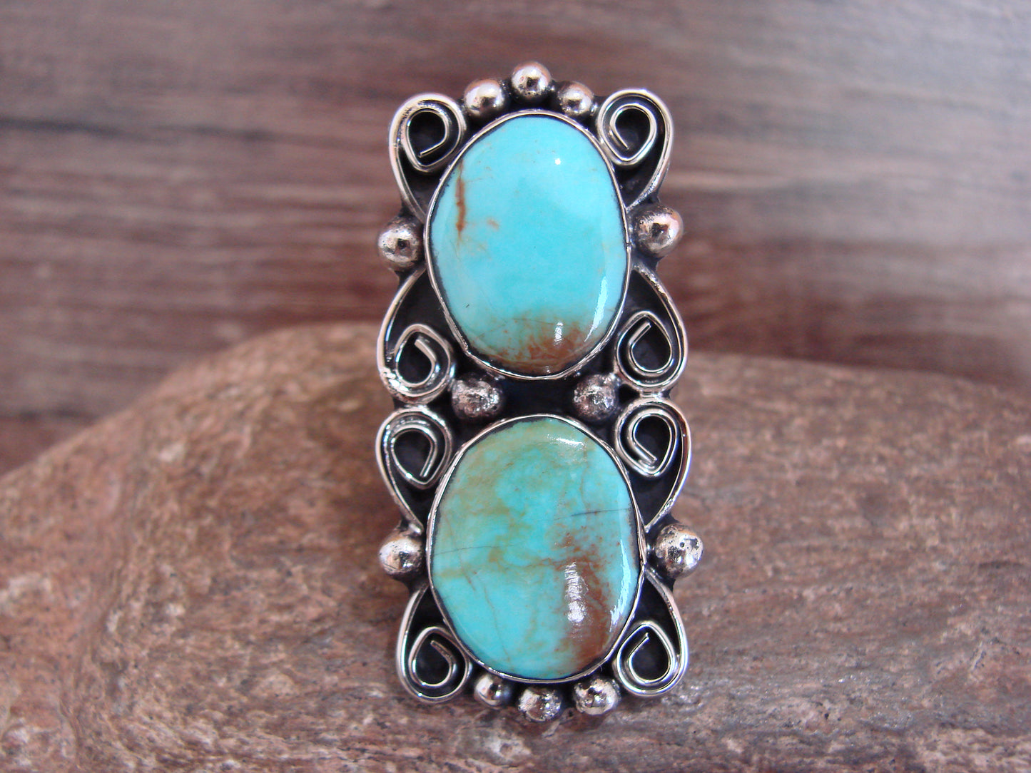 Native American Nickel Silver & Turquoise Adjustable Ring by Cleveland - Size 8 - 10