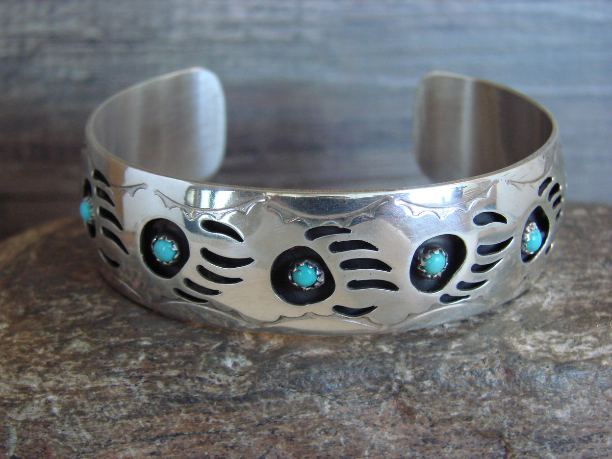 Native American 3/4" Sterling Silver Turquoise Bear Paw Bracelet Signed Spencer