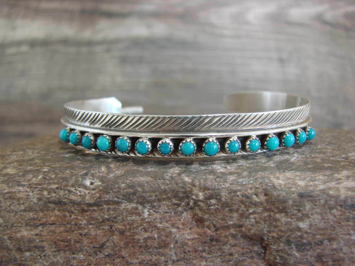 Native American Sterling Silver & Turquoise Row Feather Bracelet by Davis