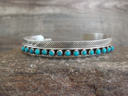 Native American Sterling Silver & Turquoise Row Feather Bracelet by Davis