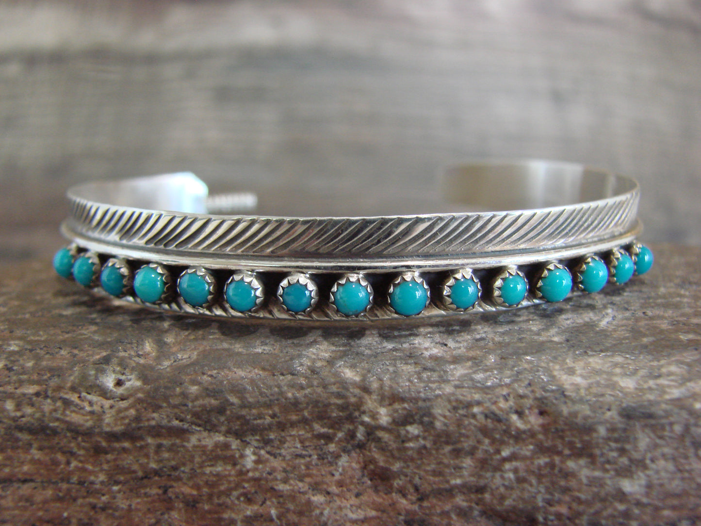 Native American Sterling Silver & Turquoise Row Feather Bracelet by Davis
