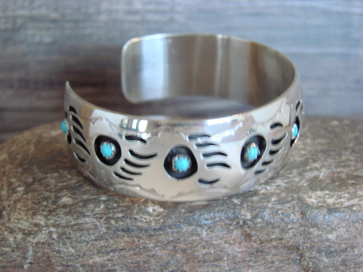 Native American 3/4" Sterling Silver Turquoise Bear Paw Bracelet Signed Spencer