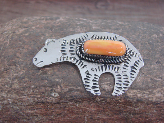 Native American Nickel Silver & Spiny Oyster Bear Pendant - Cleveland