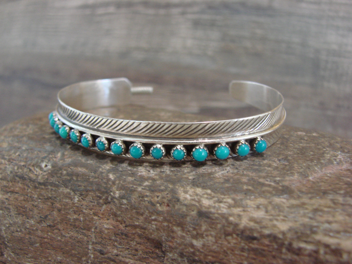 Native American Sterling Silver & Turquoise Row Feather Bracelet by Davis