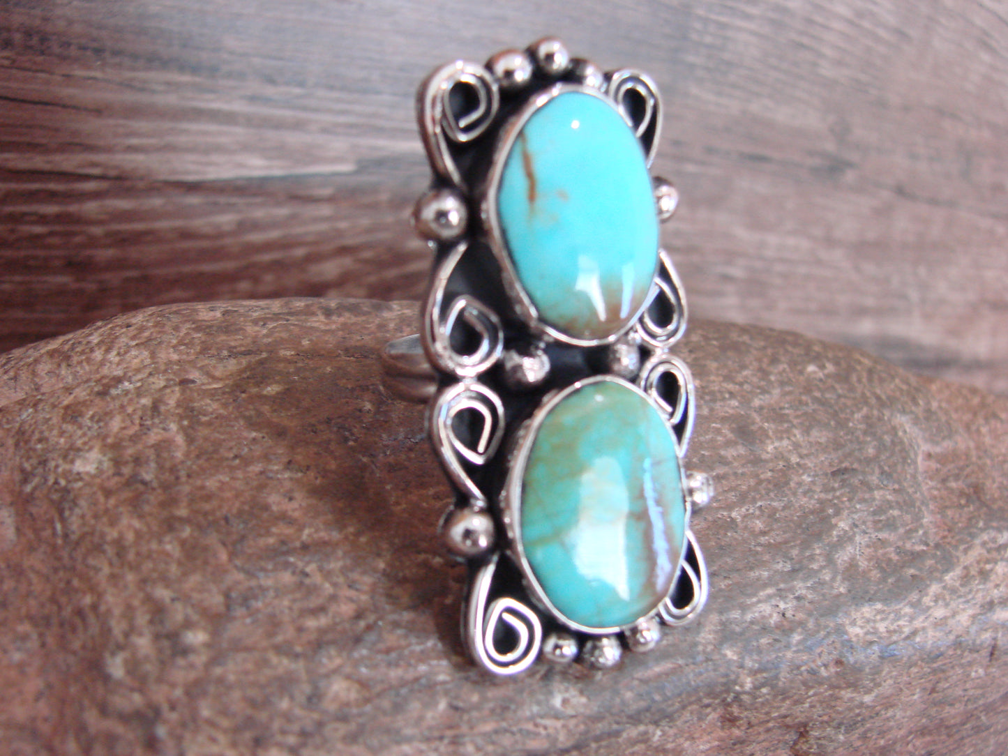 Native American Nickel Silver & Turquoise Adjustable Ring by Cleveland - Size 8 - 10