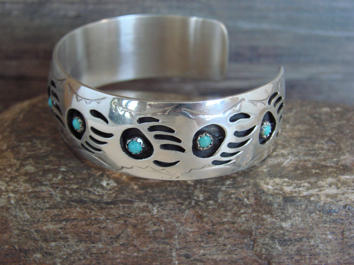 Native American 3/4" Sterling Silver Turquoise Bear Paw Bracelet Signed Spencer