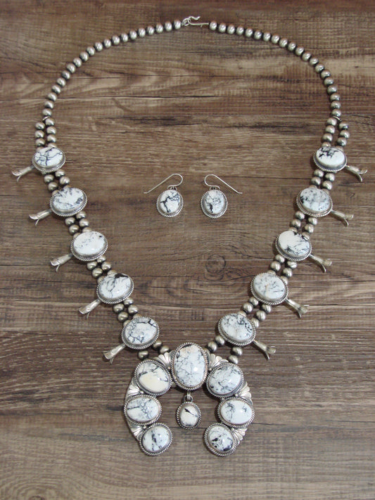 Native American Sterling Silver & White Buffalo Turquoise Squash Blossom Set by Francisco