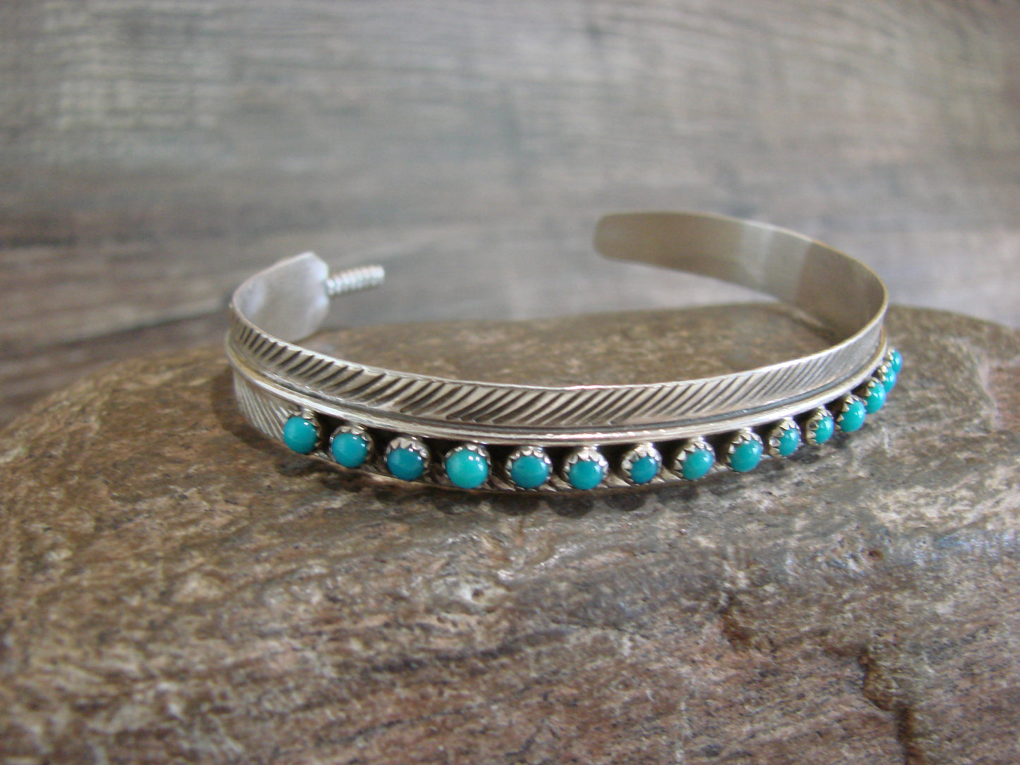 Native American Sterling Silver & Turquoise Row Feather Bracelet by Davis
