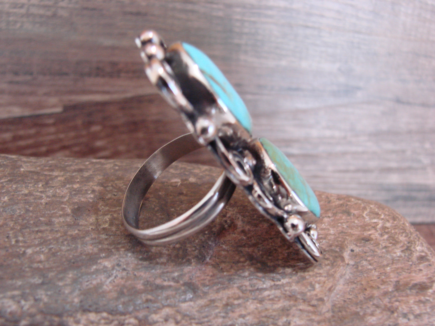 Native American Nickel Silver & Turquoise Adjustable Ring by Cleveland - Size 8 - 10