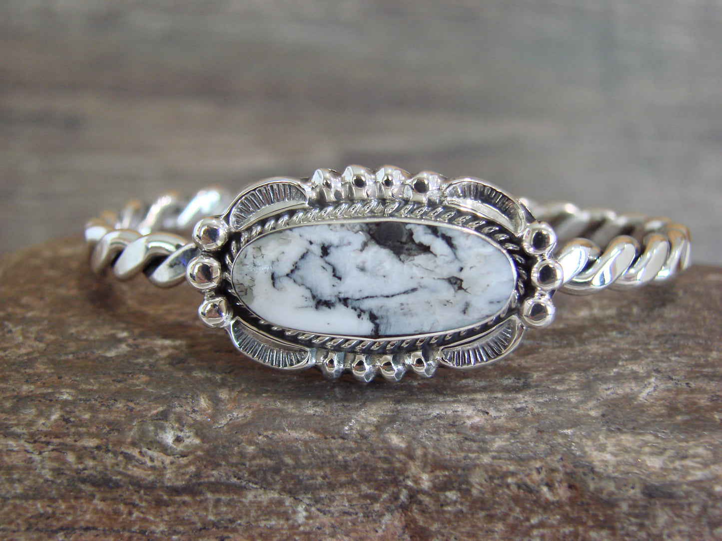 Native American Sterling Silver White Buffalo Turquoise Bracelet by Silversmith