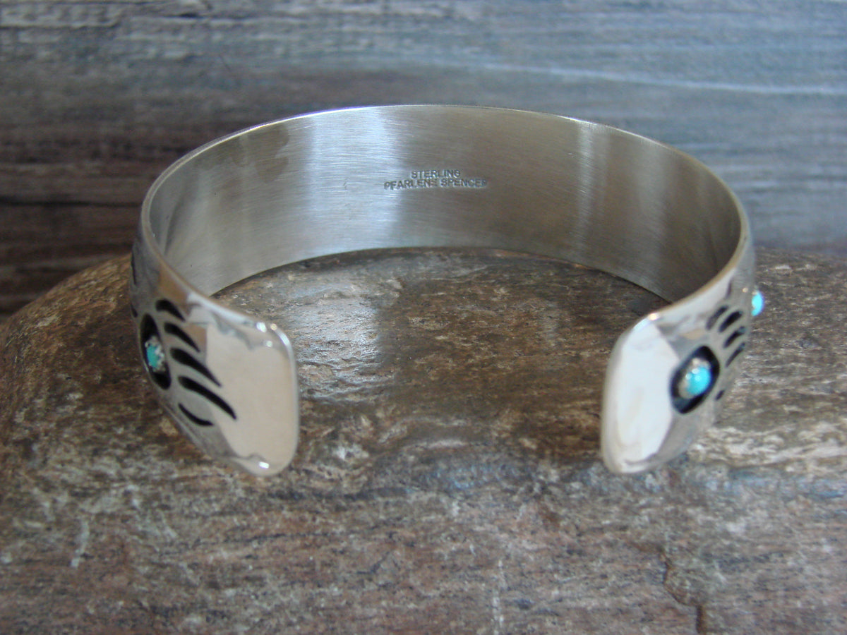 Native American 3/4" Sterling Silver Turquoise Bear Paw Bracelet Signed Spencer