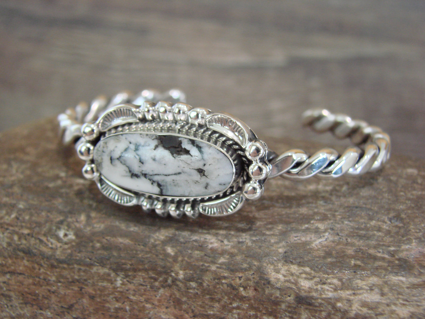Native American Sterling Silver White Buffalo Turquoise Bracelet by Silversmith