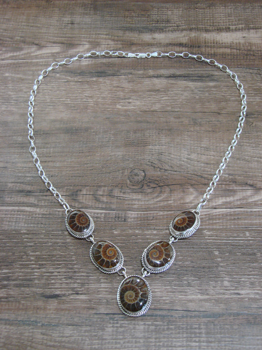 Native American 23" Sterling Silver & Moroccan Ammonite Link Necklace by Johnson