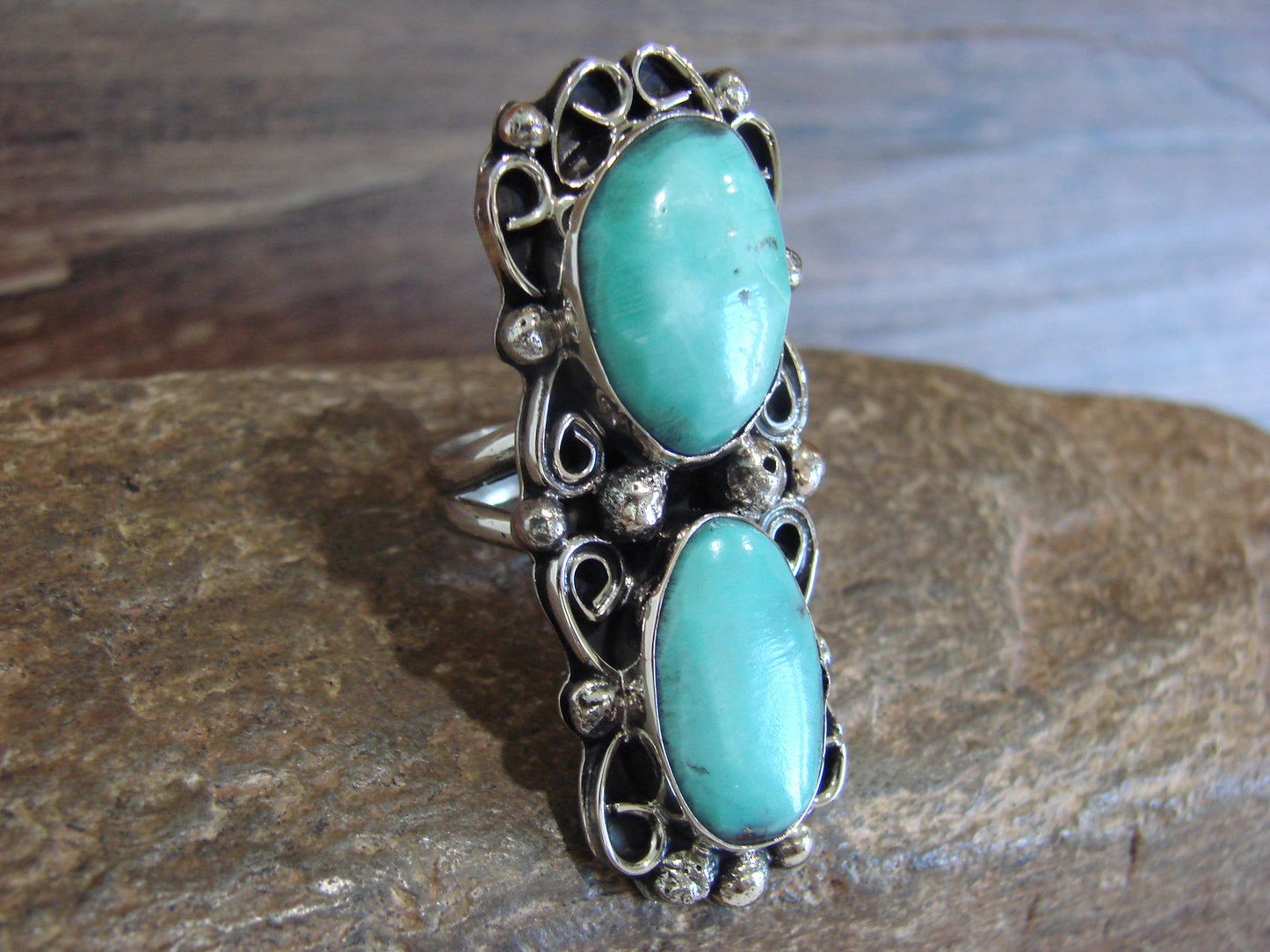Native American Nickel Silver & Turquoise Ring by Cleveland - Size 7